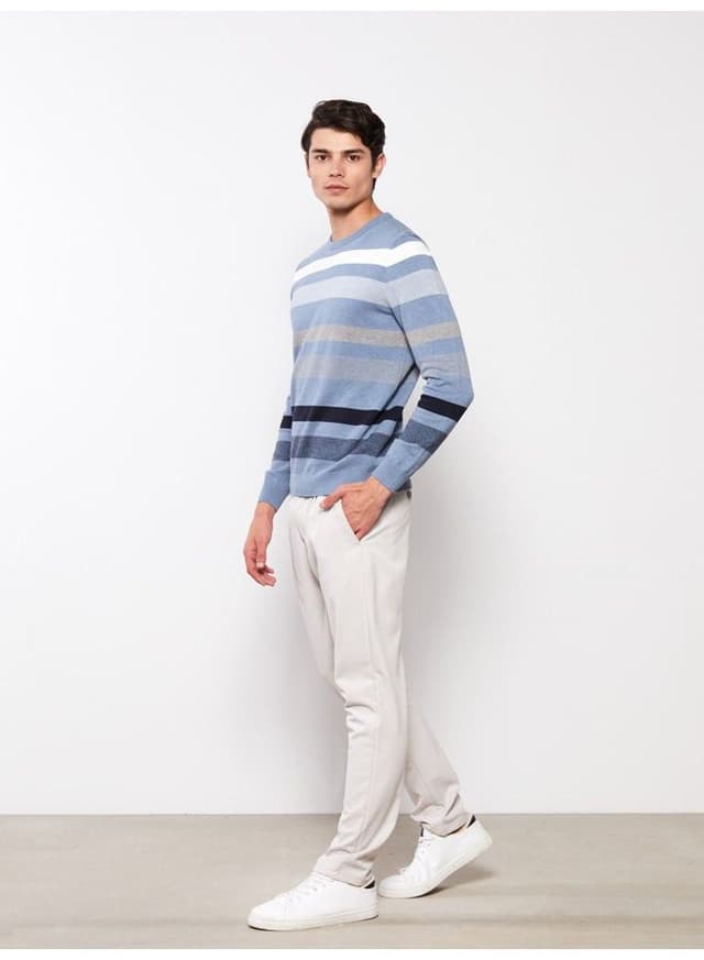 Crew Neck Long Sleeve Striped Men's Knitwear Sweater