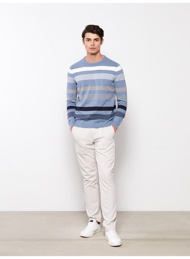Crew Neck Long Sleeve Striped Men's Knitwear Sweater