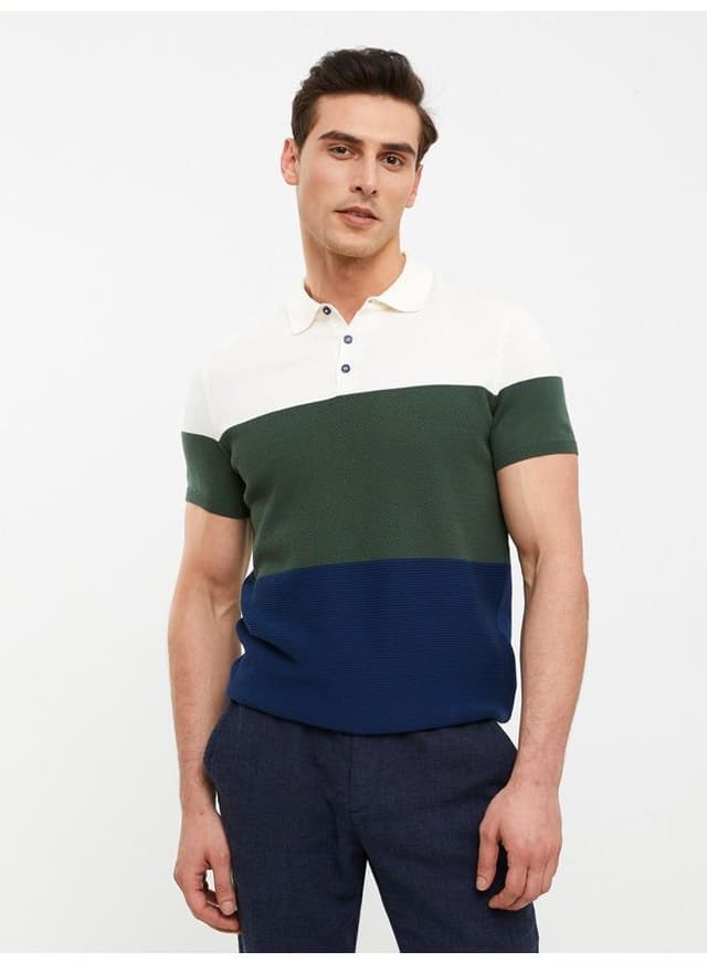 Polo Collar Short Sleeve Color Block Men's Knitwear Sweater
